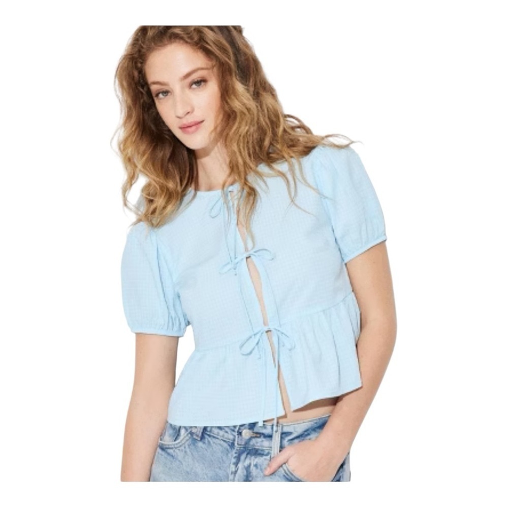 NWT Wild Fable Puff Sleeve Tie Front Peplum Blouse- Blue (L)